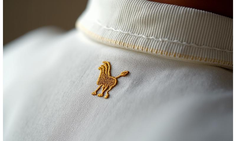 ゴルフシャツの襟に施された繊細な刺繍ロゴのクローズアップ