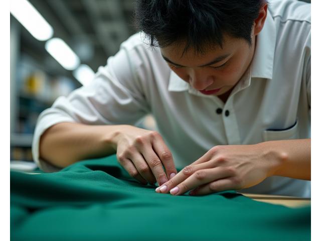 日本の縫製工場でゴルフウェアの細部をチェックする職人